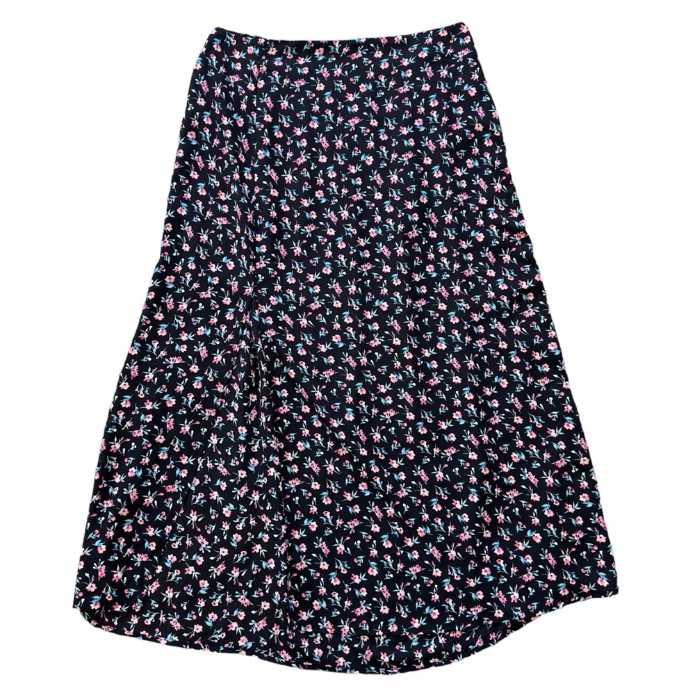 Good Luck Gem Floral Boho Skirt Womens Large Front Slit Prairie Cottage Black